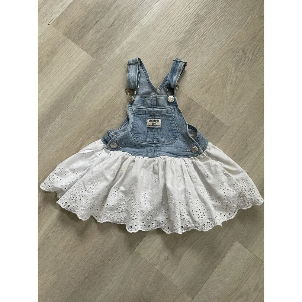 OshKosh B'gosh Girls 2T Denim Overall Dress Blue/White Eyelet Button Farmcore